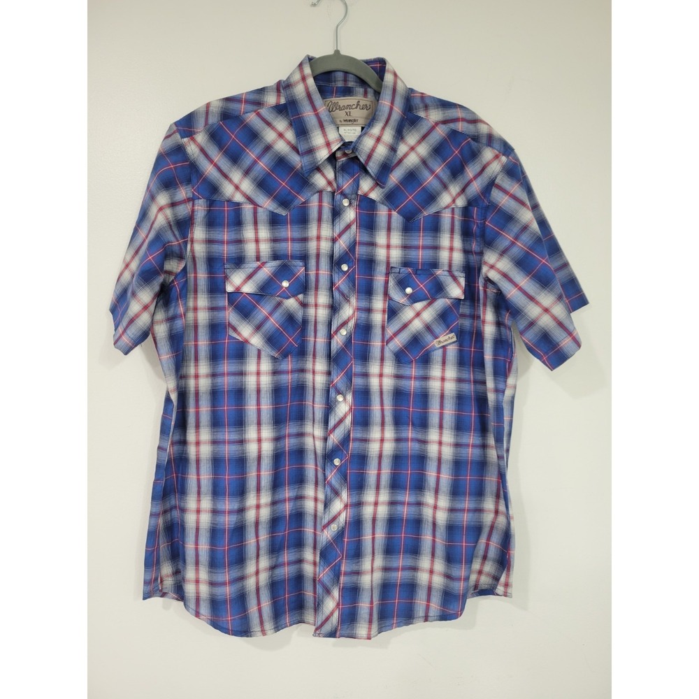 Wrangler Wrancher Casual Shirt Mens XL Pearl Snap Blue Plaid Short Sleeve - Picture 1 of 8